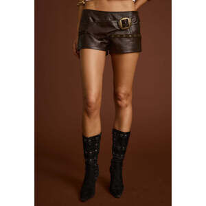 High-Rise Brown Leather Shorts with Buckle Detail